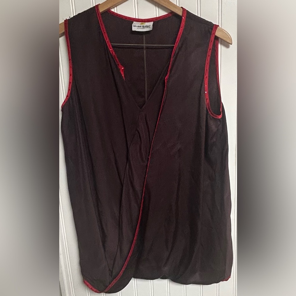 Wendell Rodricks Sz Large  Crossed Front Top Shirt Blouse Brown W/Red Trim